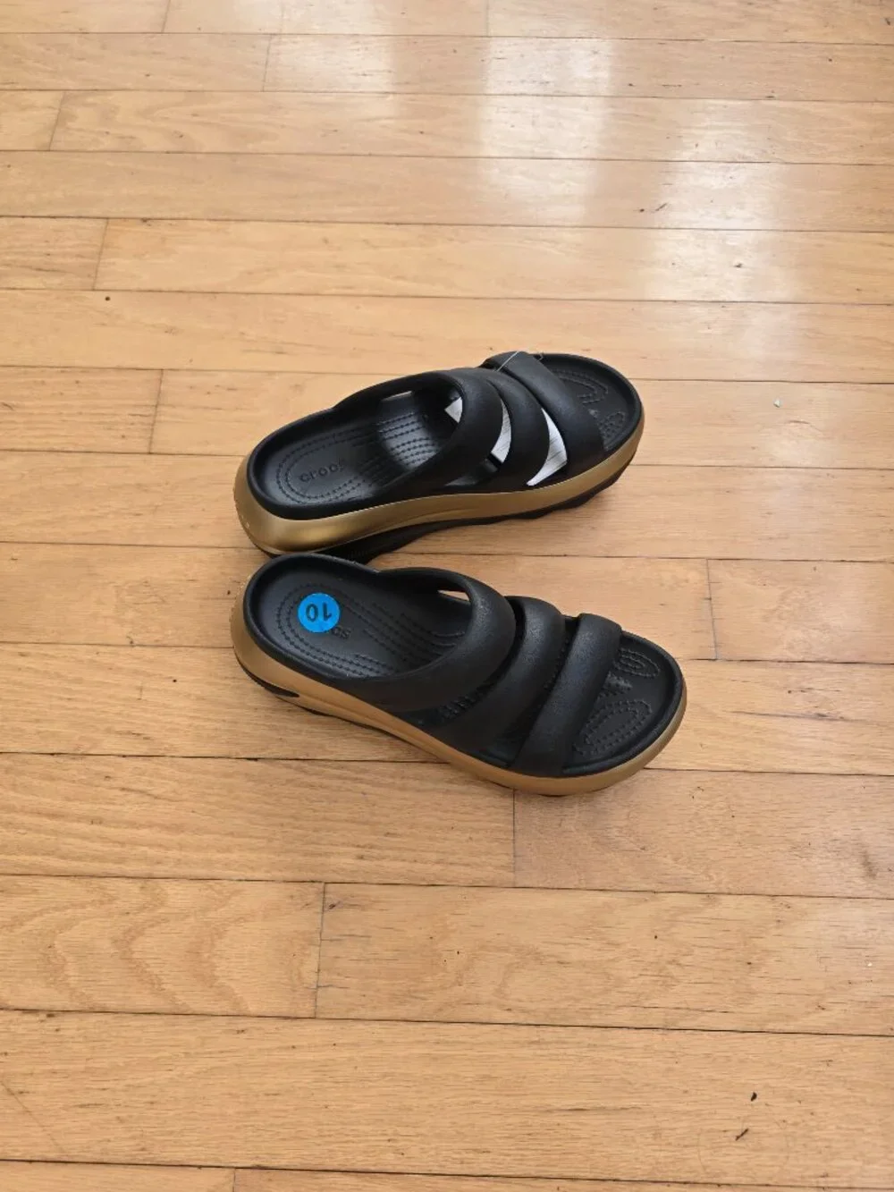 Crocs | Mega Crush Triple Strap Black Gold Platform Sandals | WMS 10